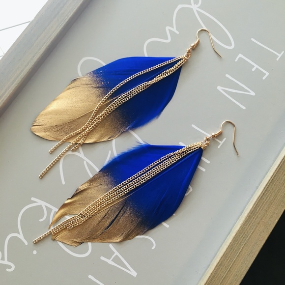 Gold-Dipped Royal Blue Chain Feather Earrings - Picture 2 of 5